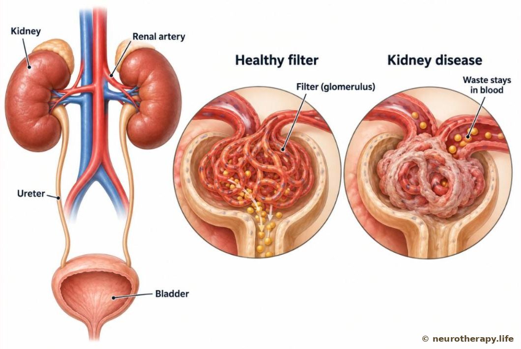 The two kidneys with their blood vessels and the tubes to the bladder, and two magnified filtering units side by side: a healthy one letting waste pass into the urine, and a damaged, scarred one letting waste stay in the blood