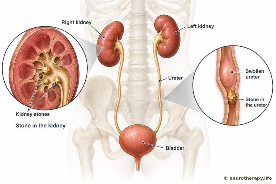Both kidneys, the ureters and the bladder seen from the front, with a magnified view of stones inside a kidney and a stone stuck in the ureter