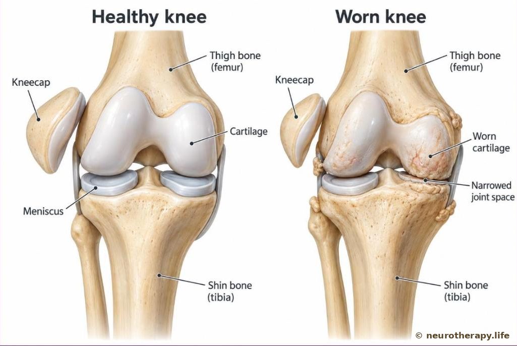 Two knee joints side by side, seen from the front: on the left a healthy knee with smooth, thick cartilage; on the right a worn knee with thin, rough cartilage and a narrowed joint space