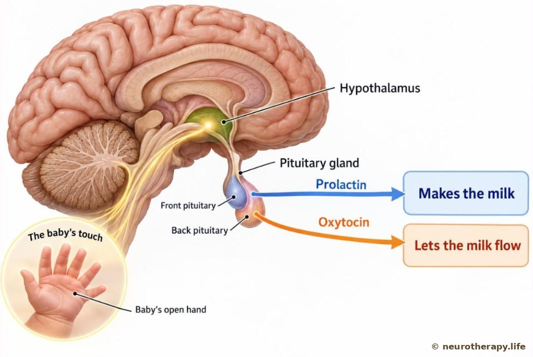 A side cut-away of the brain showing the hypothalamus and the pituitary gland; two coloured hormone arrows run from the front and back parts of the pituitary to labelled boxes for milk-making and milk flow; a small inset shows a baby's open hand