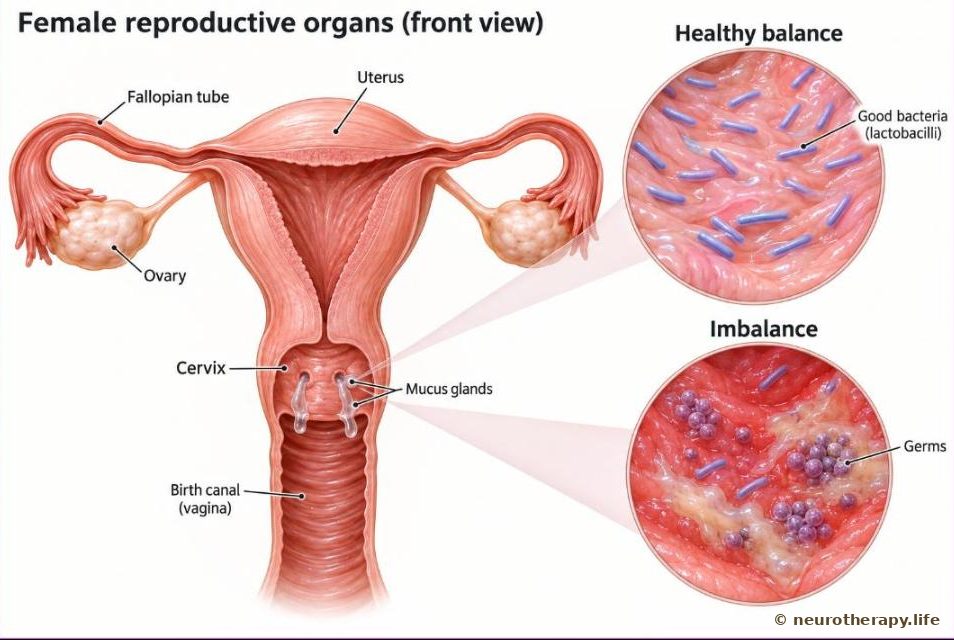 Front view of the uterus, fallopian tubes, ovaries, cervix and birth canal, with mucus glands in the cervix, and two magnified circles comparing a healthy lining full of rod-shaped good bacteria and an imbalanced lining crowded with other germs