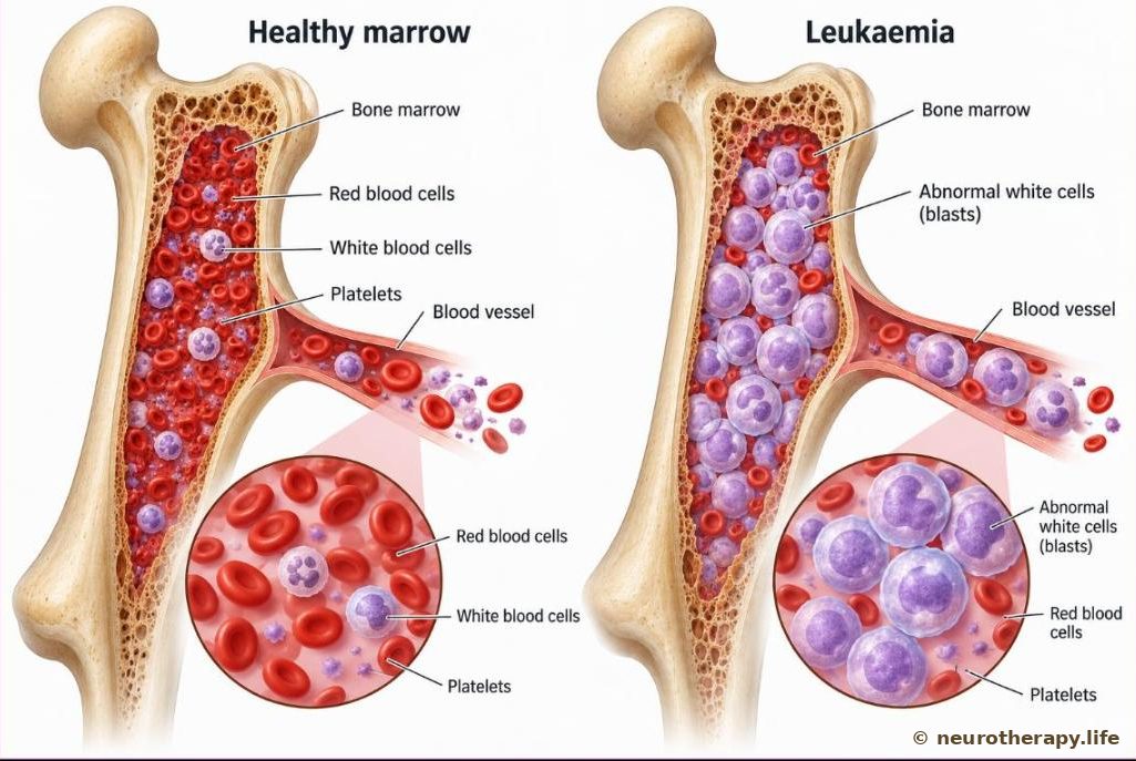 Two cut-open thigh bones showing the marrow inside: on the left, healthy marrow making red cells, white cells and platelets in balance; on the right, marrow packed with large abnormal white cells crowding out the others, with a magnified inset of the blood