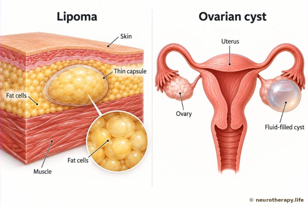 Left: a skin cross-section of a forearm with a soft oval lump of fat cells in a thin capsule under the skin; right: a uterus with its two ovaries, one ovary carrying a round fluid-filled cyst