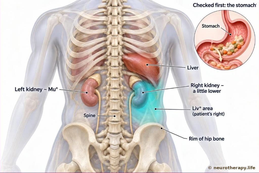 Back view of a neutral mannequin torso showing the spine, the liver, the lowest ribs, the hip bones and both kidneys, with the right kidney sitting a little lower and highlighted as the Liv° area; a small inset shows the stomach