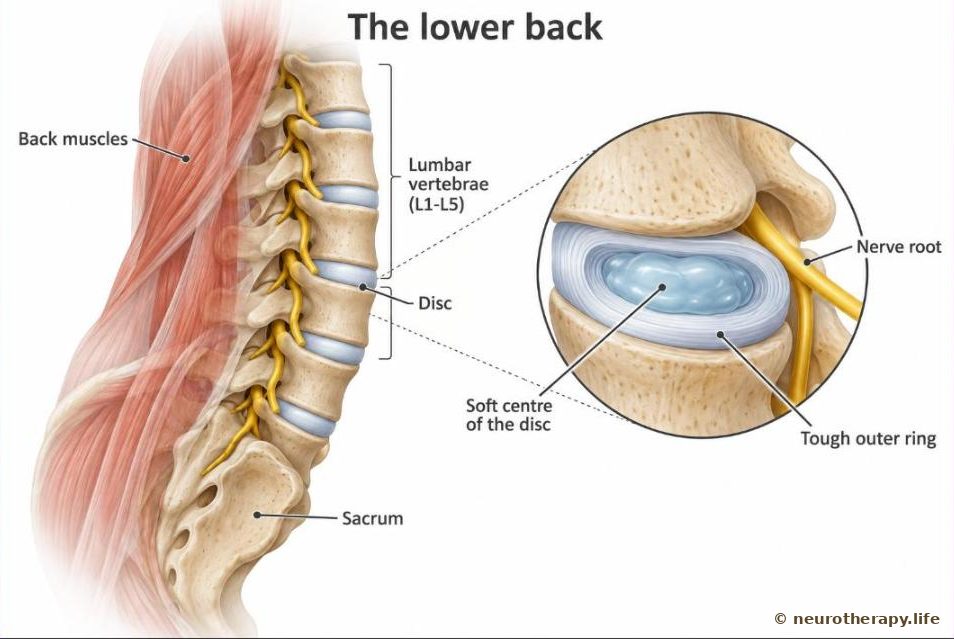 The lower spine seen from the side, with the back muscles, and a magnified view of one disc between two spinal bones