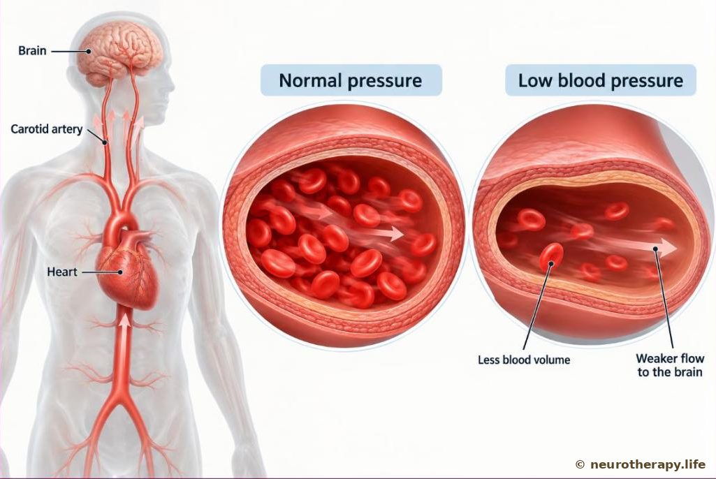 The heart, the brain and the main arteries of a neutral mannequin figure, with two magnified circles of an artery: one well filled with blood at normal pressure, and one with little blood and low pressure, and a thinner flow reaching the brain