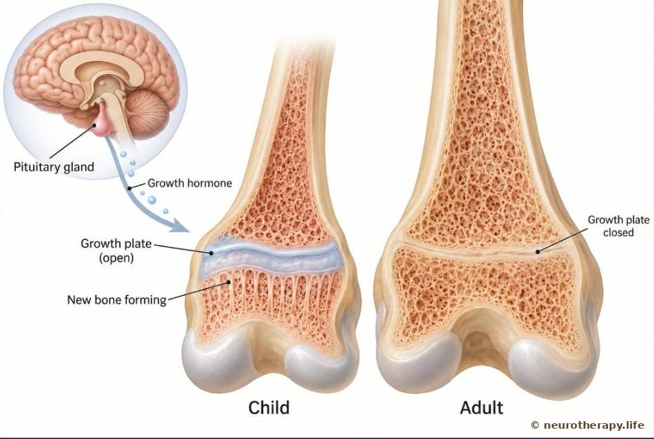 A child's thigh bone next to an adult's, both cut open at the knee end: the child's bone has an open growth plate, the adult's has a closed line; an inset shows the pituitary gland under the brain