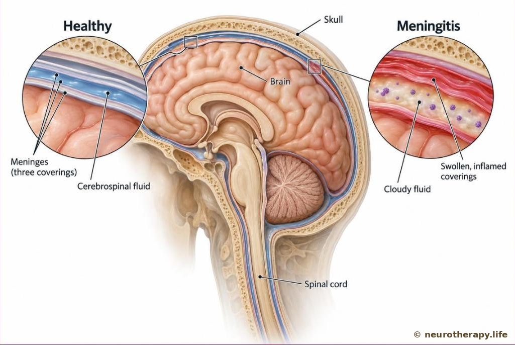 Side view of the brain and upper spinal cord inside their coverings, with two magnified circles comparing thin, clear healthy meninges and red, swollen, infected meninges