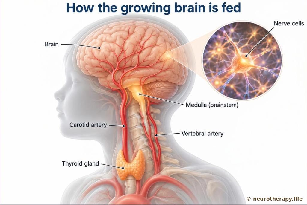 A child's brain and neck from the side, showing the arteries that rise from the chest through the neck to the brain, the brainstem (medulla) at the base, and the thyroid gland in the neck
