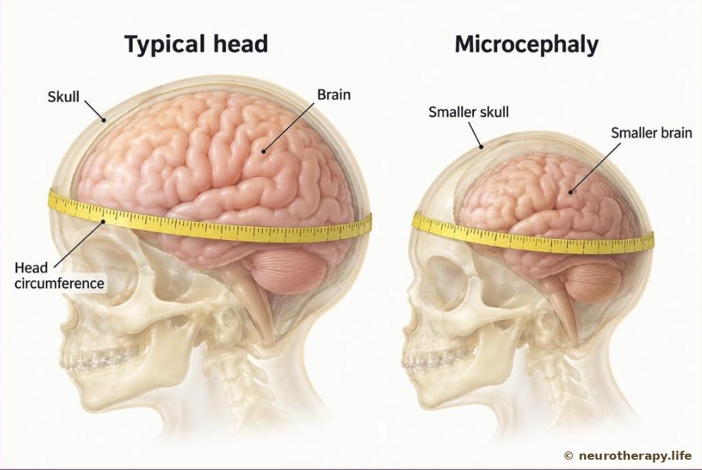 Two infant skulls shown side by side as clear outlines with the brain inside: a typical head, and a smaller head with a smaller brain, with a tape line around each showing head circumference