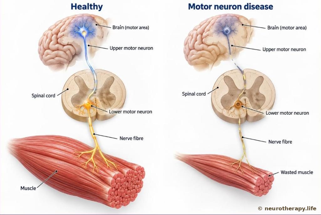 The pathway from the brain to a muscle: an upper motor neuron in the brain, a lower motor neuron in the spinal cord, and its long fibre reaching a muscle; on one side healthy neurons and a full muscle, on the other shrinking neurons and a thin, wasted muscle