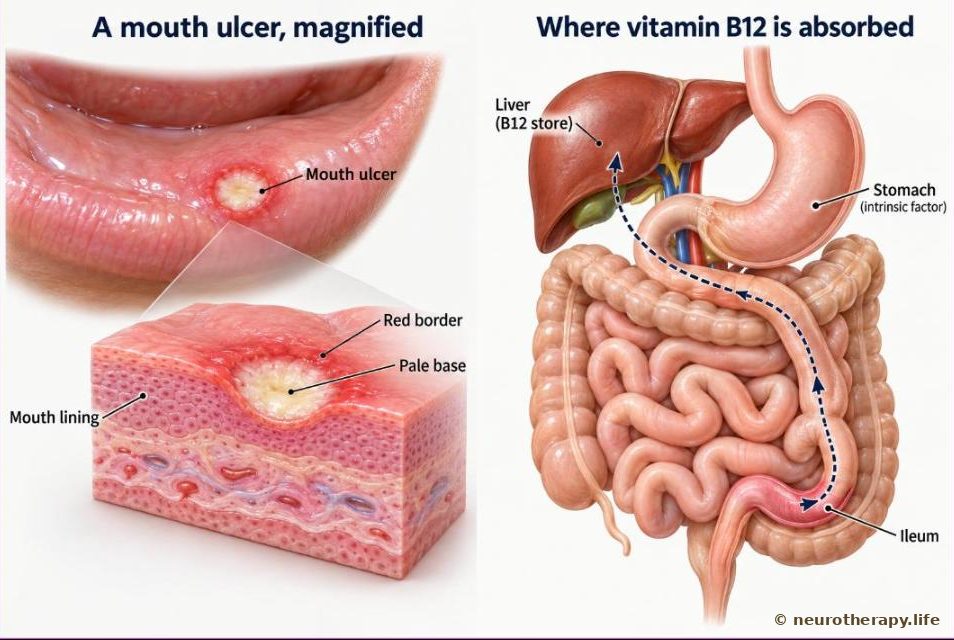 A magnified view of a mouth ulcer in the inner lining of the lip, and beside it the path of vitamin B12 through the stomach, the last part of the small intestine and the liver