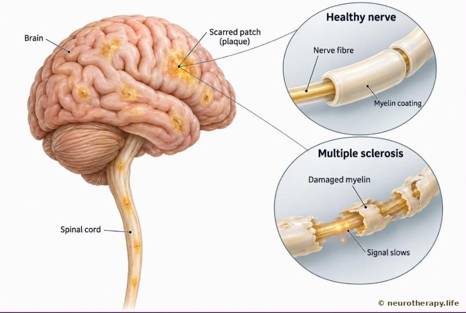 The brain and spinal cord from the side, with small scarred patches marked in the brain and cord; magnified circles compare a healthy nerve fibre with an intact coating and an MS nerve fibre whose coating is patchy and damaged