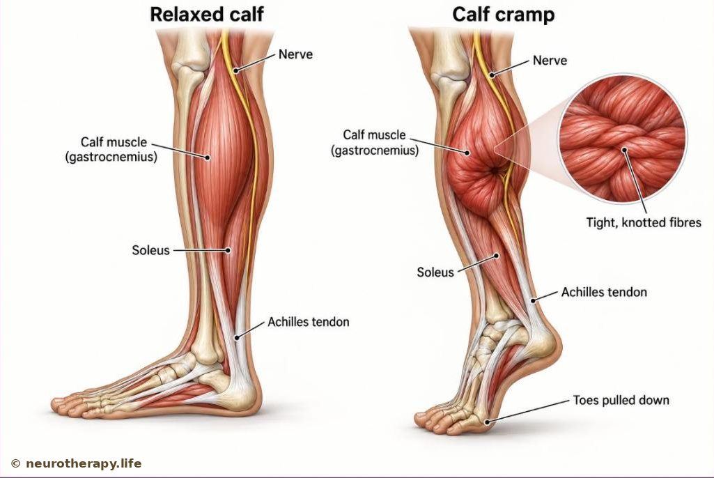 Two lower legs from the side with the skin removed: on the left a relaxed calf muscle; on the right a calf muscle tightened into a hard knot with the foot pointing down, and a magnified circle showing tightly bunched muscle fibres