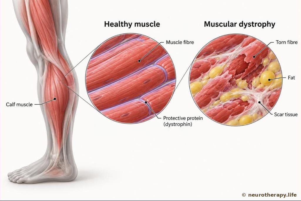 A neutral mannequin seen from the side with the thigh and calf muscles shown; two magnified circles compare healthy muscle fibres held firm by a protective protein with damaged fibres being replaced by fat and scar tissue