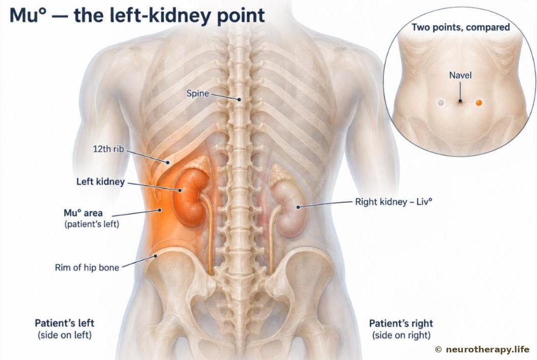 Back view of a neutral mannequin torso showing the spine, the lowest ribs, the hip bones and both kidneys, with the left kidney and the left flank highlighted as the Mu° area