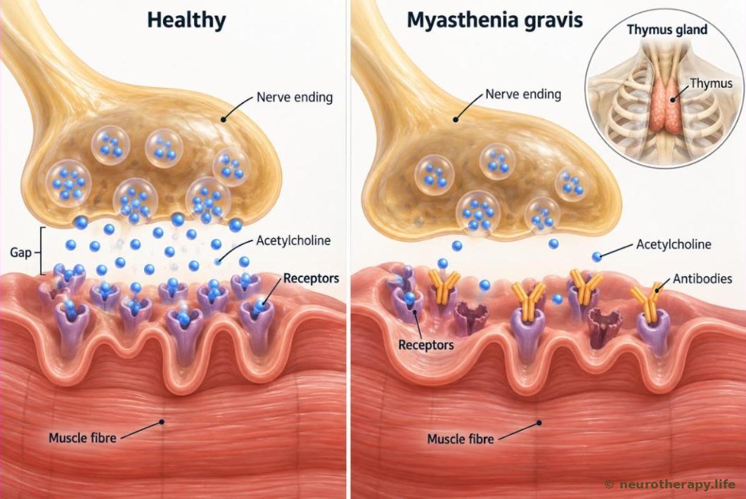 A nerve ending meeting a muscle fibre, magnified: on the left, acetylcholine crosses the gap and fits into receptors on the muscle; on the right, antibodies sit on and block the receptors so fewer messages get through