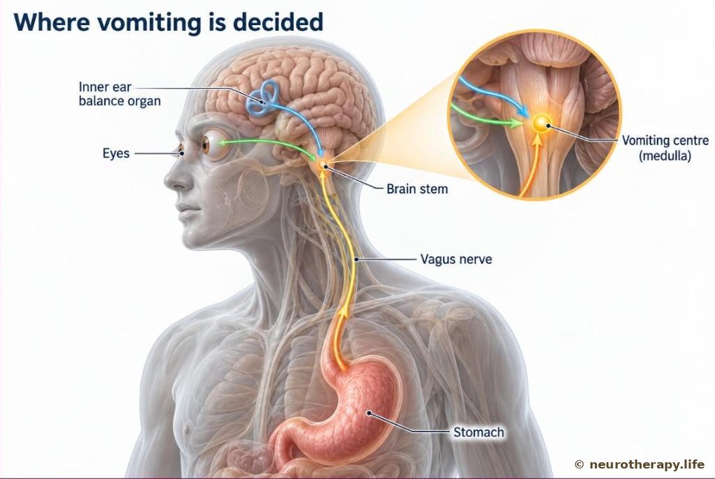 The brain stem with the vomiting centre in the medulla highlighted, receiving signals from the inner ear's balance organ, the eyes and, through the vagus nerve, the stomach
