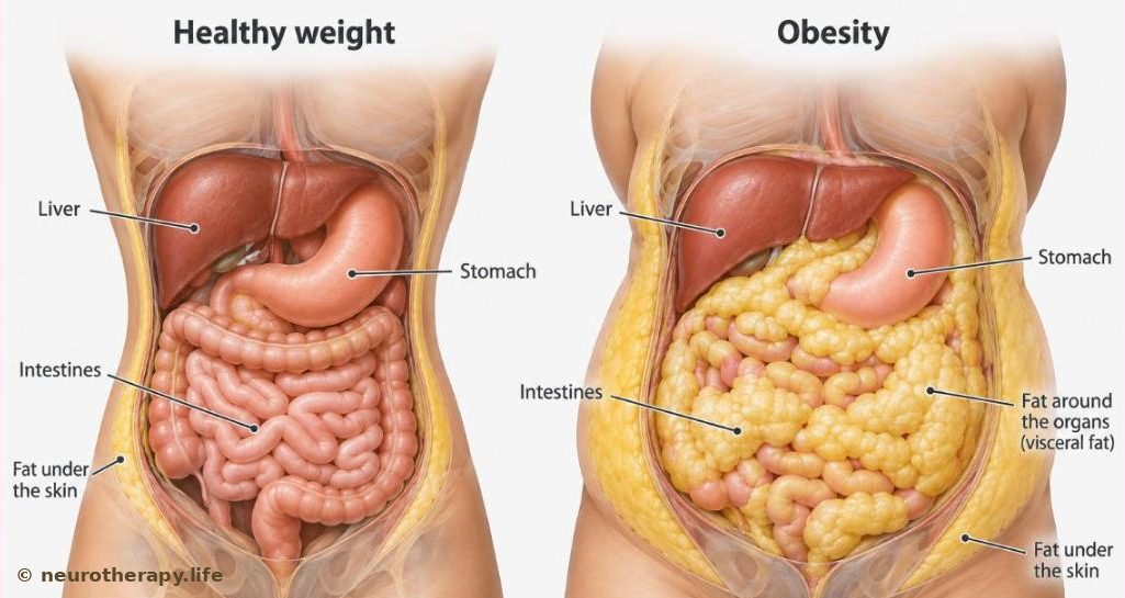 Two human torsos side by side, seen through the skin: on the left a thin layer of fat and a slim waist; on the right thick fat under the skin and fat packed around the stomach, liver and intestines