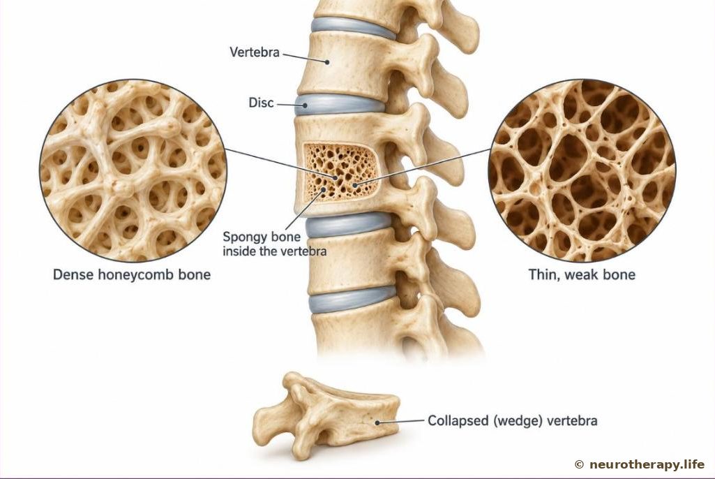 The lower spine, with a magnified view of the spongy bone inside a vertebra: dense and healthy above, thin and full of holes below