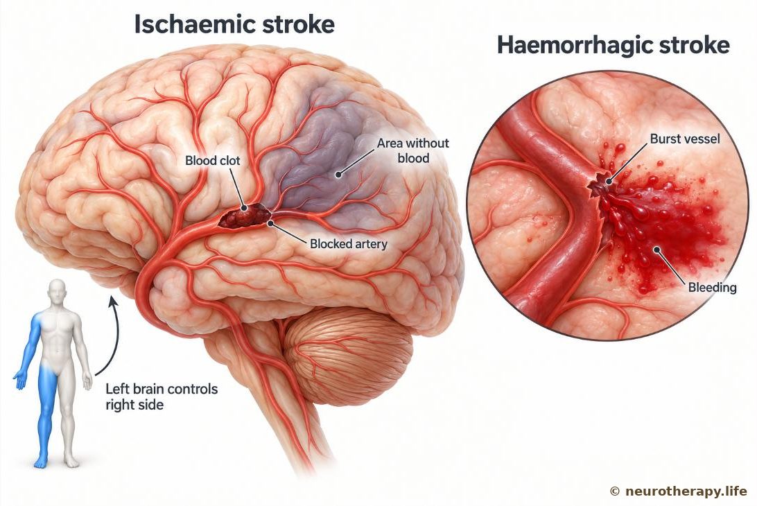 Side view of the brain with its arteries; a clot blocks one artery and the brain area beyond it is shaded dark; a small inset shows a burst vessel bleeding into the brain