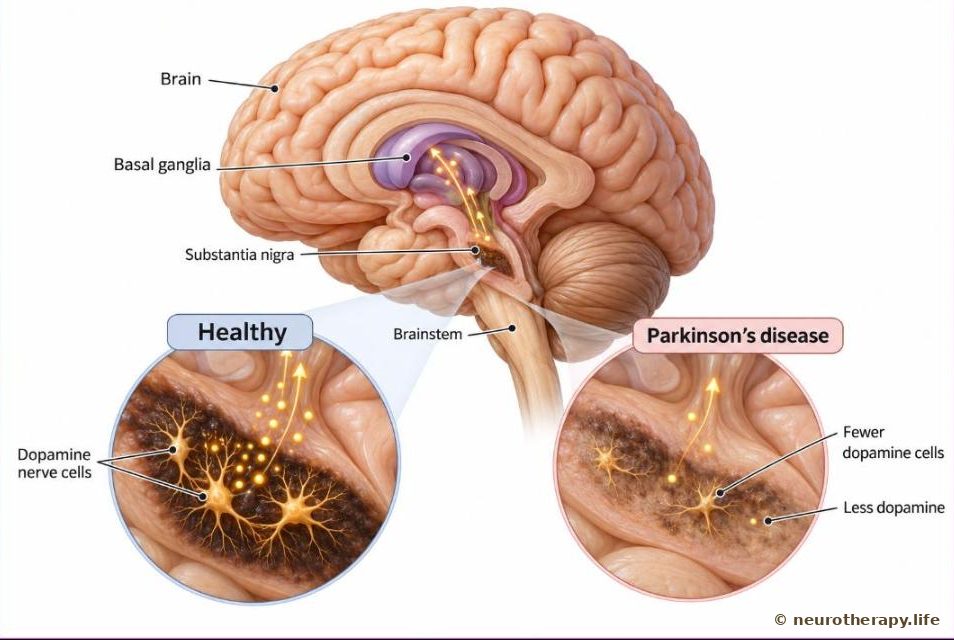 The brain seen from the side with the brainstem; two magnified circles compare a healthy substantia nigra, dark and full of dopamine cells, with a pale substantia nigra in Parkinson's disease