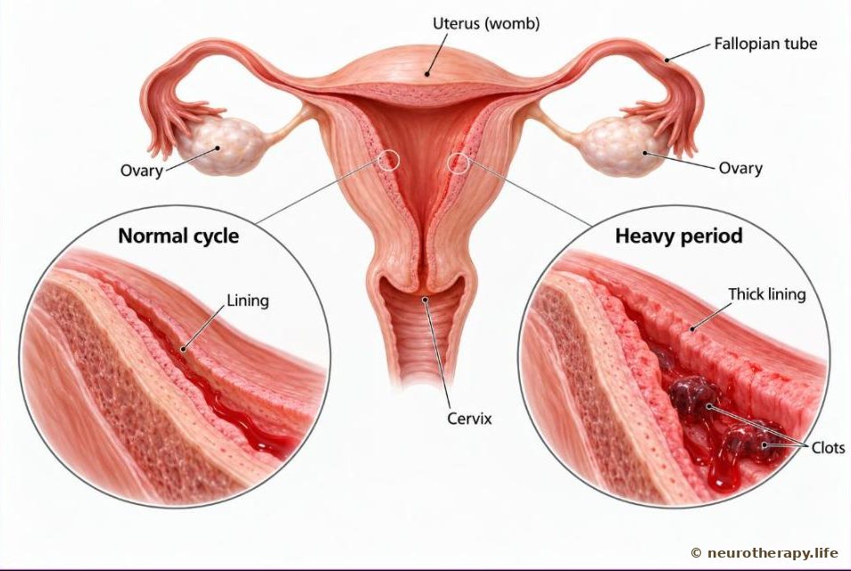 The womb, the two fallopian tubes and the two ovaries seen from the front, with two magnified views of the womb's lining: a normal thin lining beside a thick lining shedding heavy flow with clots