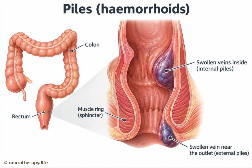The large intestine ending in the rectum, and a close-up of the last part of the bowel showing internal and external piles