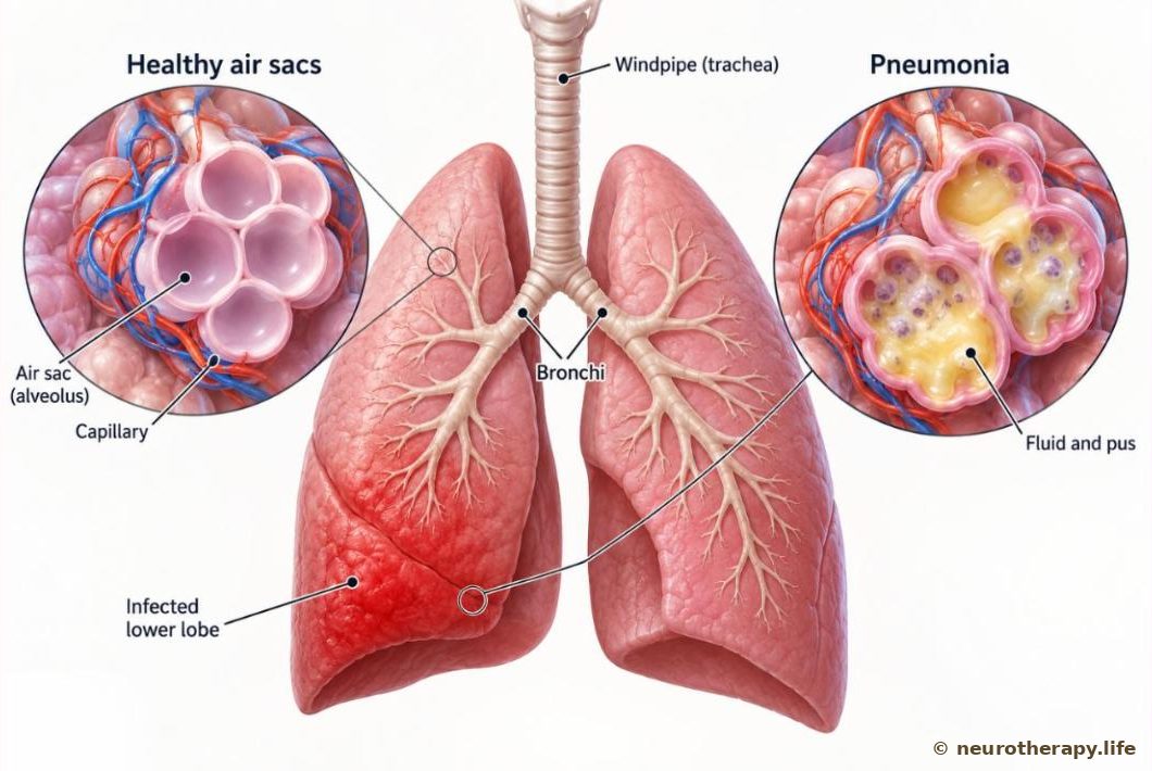 Front view of both lungs with the airways; one lower lobe is shaded as infected, and two magnified circles compare healthy air sacs filled with air and infected air sacs filled with fluid