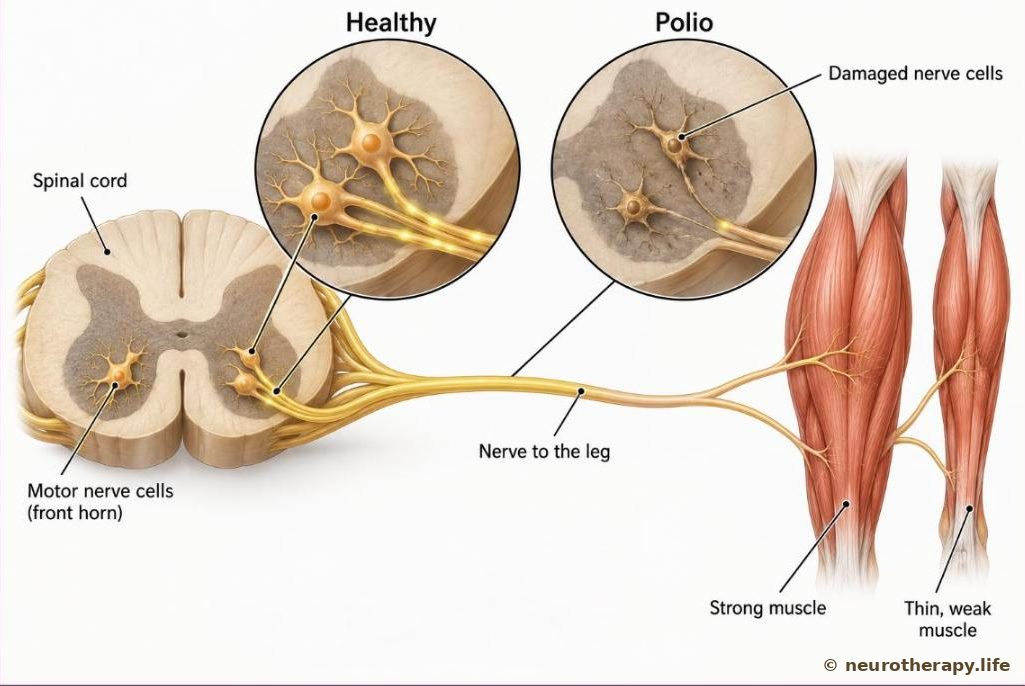 A section of the spinal cord with a nerve running to the thigh and calf muscles; two magnified circles compare healthy motor nerve cells and a full muscle with damaged nerve cells and a thin, weak muscle
