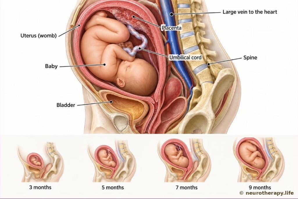 Side cut-away of the organs of the lower abdomen and pelvis in late pregnancy, showing the womb with the baby head-down, the placenta, the cord, the bladder in front and the spine and large vein behind; a small row of outlines shows the womb growing month by month