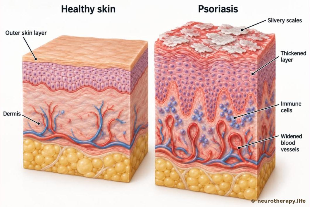 Two cut-away blocks of skin side by side: on the left healthy skin with a thin, even top layer; on the right a psoriasis patch with a thick, crowded top layer, silvery scales, enlarged blood vessels and immune cells