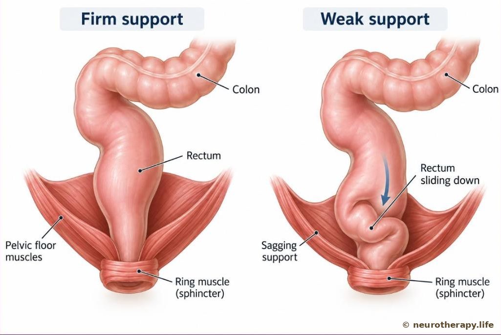 The lower bowel and pelvic floor muscles shown on their own: on the left a firm muscle sling holds the rectum up; on the right the sling sags and the rectum slides down and folds in on itself