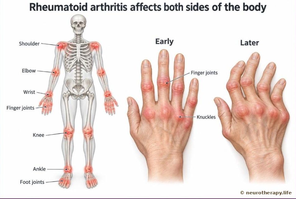 A skeleton showing the joints rheumatoid arthritis often affects on both sides, and two hands showing early and later changes