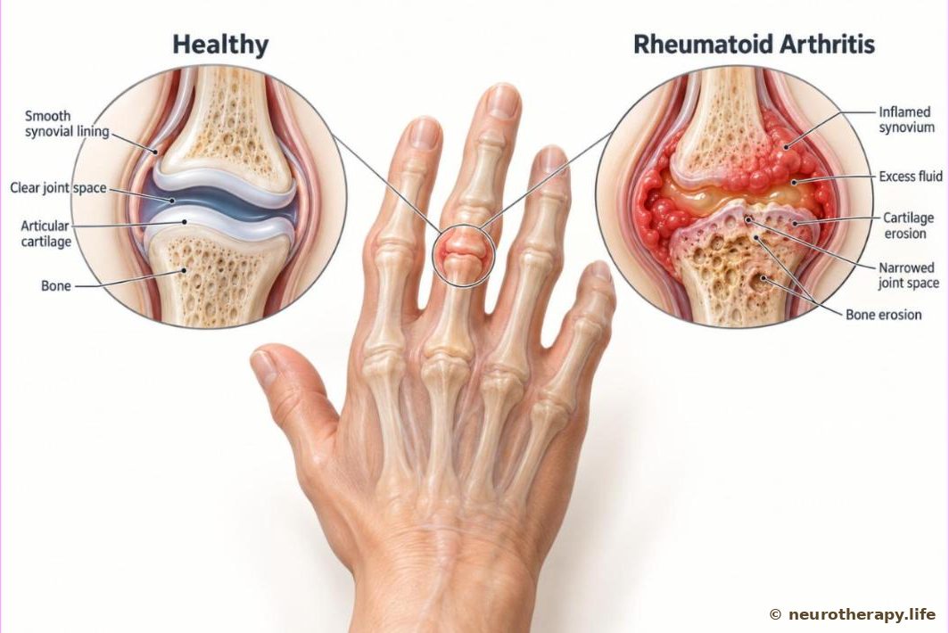 A human hand seen from the back, with a magnified cut-away of one knuckle joint: on the left a healthy joint with a thin lining and smooth cartilage; on the right a joint with rheumatoid arthritis — a thick, red, swollen lining eating into the cartilage and bone