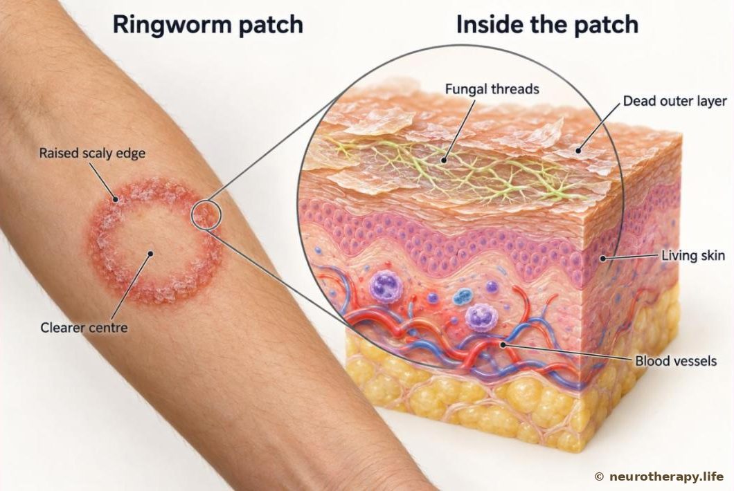 A forearm with one ring-shaped ringworm patch, and a magnified cut-away of that patch showing fungal threads growing in the dead outer layer of the skin