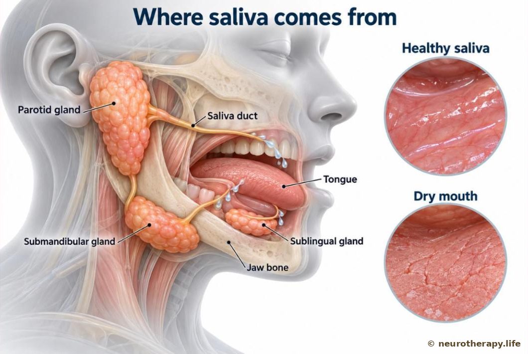 Side view of a head-and-neck cut-away showing the three pairs of salivary glands and their ducts, with two magnified circles comparing a dry mouth surface and a healthy wet one
