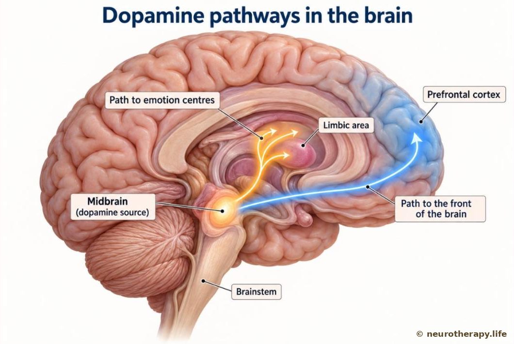 A side view of the brain showing two dopamine pathways from the midbrain — one to the deep emotion and reward centres, one to the front of the brain