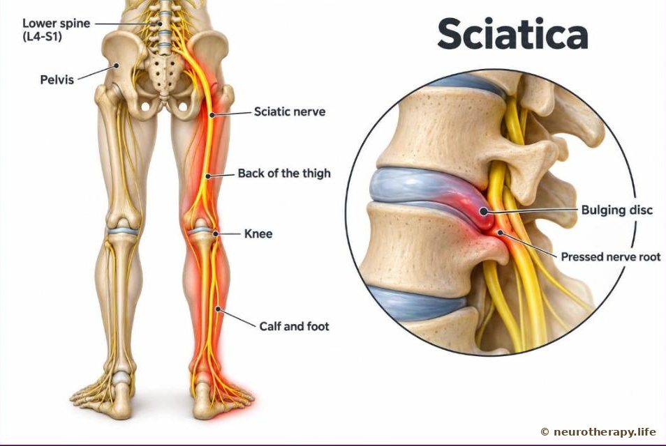 The lower spine and one leg seen from behind, with the sciatic nerve running from the low back through the buttock down the back of the leg; an inset shows a bulging disc pressing on a nerve root