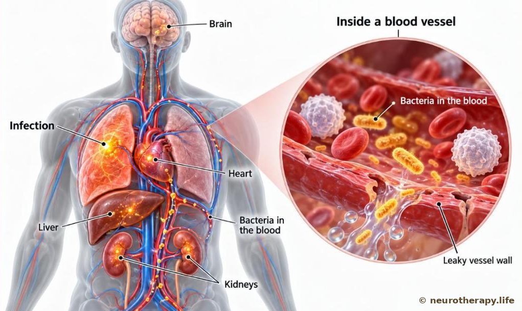 A neutral mannequin outline with the main organs shown: an infection in one lung sends bacteria into the bloodstream, which carries them to the brain, heart, kidneys and liver; a magnified inset shows a blood vessel with bacteria, immune cells and a leaky wall