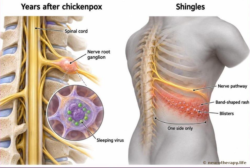 A spinal nerve root with the sleeping chickenpox virus in its ganglion, and the same nerve running around the chest to a band of blisters on one side of a neutral mannequin torso