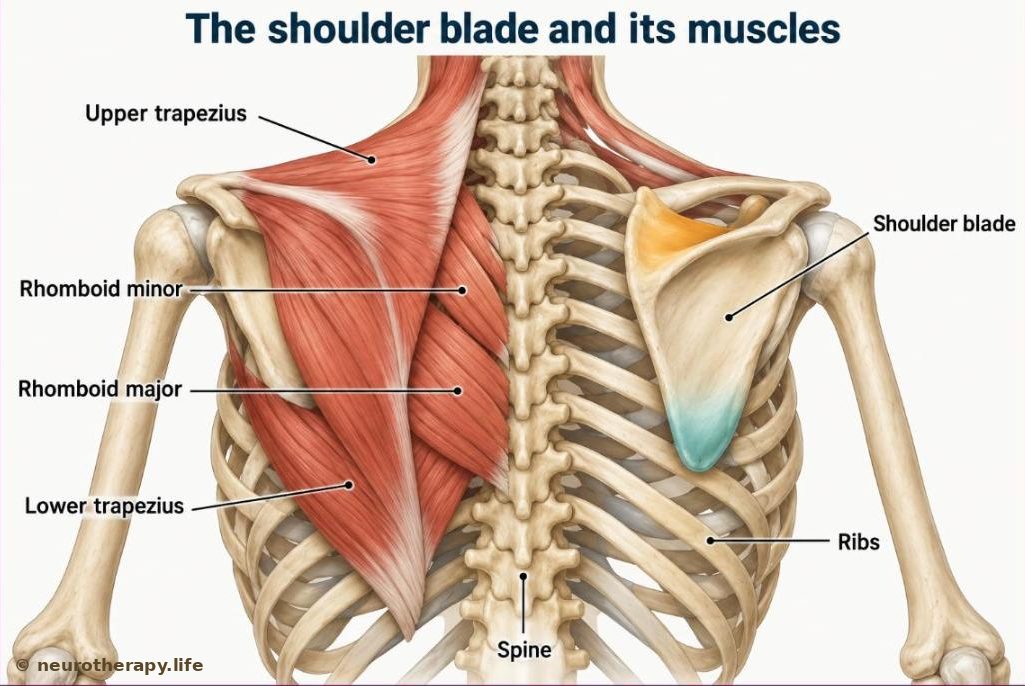 The upper back seen from behind, showing the spine, the ribs and the two shoulder blades with the trapezius and rhomboid muscles; the upper and lower parts of one blade are marked