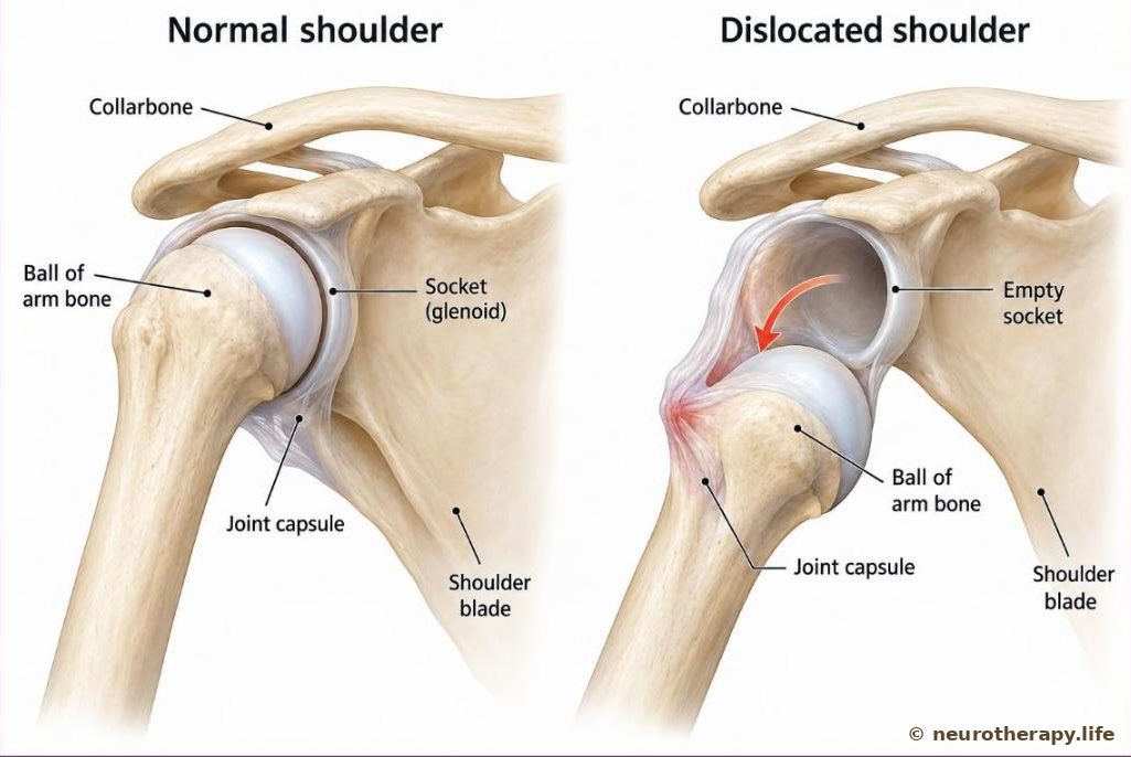 Two right shoulder joints from the front, bones only: a normal shoulder with the ball of the arm bone in its shallow socket, and a dislocated shoulder with the ball pushed forward and down out of the socket