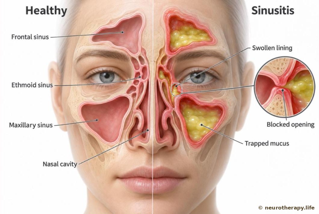 Front view of a face-shaped skull model showing the sinuses: on the left side the air spaces are clear; on the right side their lining is swollen and they are filled with mucus