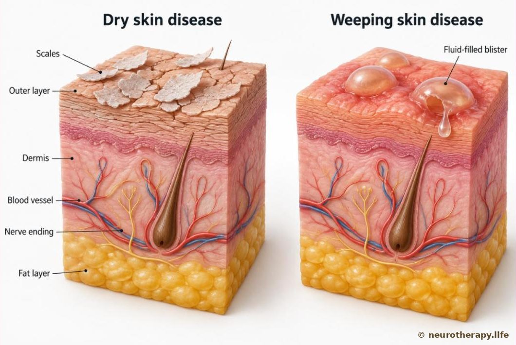 Two cut-away blocks of skin side by side: on the left a dry, thick, scaly surface; on the right a red, swollen surface with small fluid-filled blisters, each showing the outer layer, dermis, blood vessels and fat