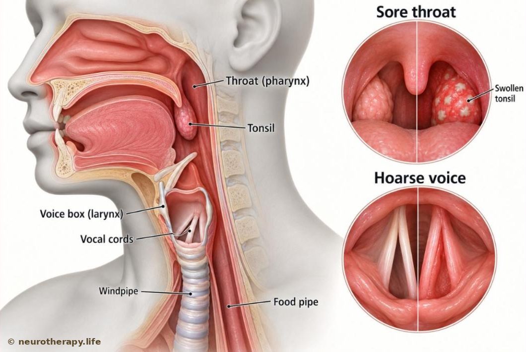 A side cut-away of the head and neck showing the throat, tonsils, voice box and vocal cords, with two magnified insets: healthy tonsils beside red, swollen tonsils, and open vocal cords beside swollen ones