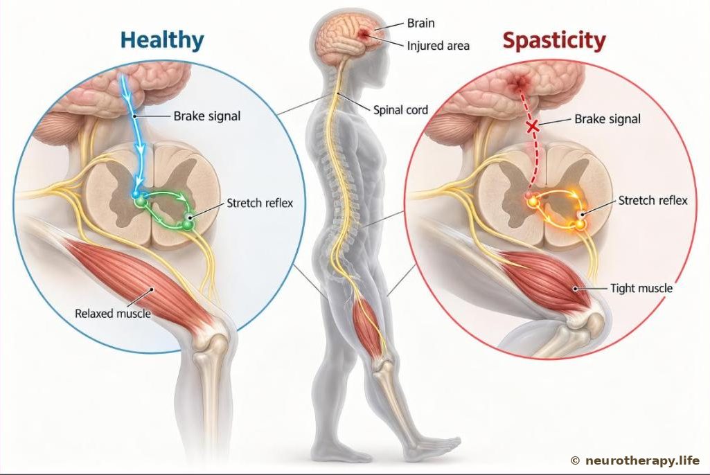 A neutral mannequin seen from the side with the brain, spinal cord and a nerve to the thigh shown inside; two magnified circles compare a calm reflex loop with a relaxed thigh muscle and an over-active reflex loop with a tight, bunched muscle