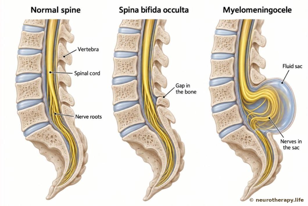 Side cut-away of the lower spine and spinal cord compared in three panels: a normal closed spine, a small gap in the bone with no sac (occulta), and an opening with a fluid sac containing part of the spinal cord and nerves (myelomeningocele)