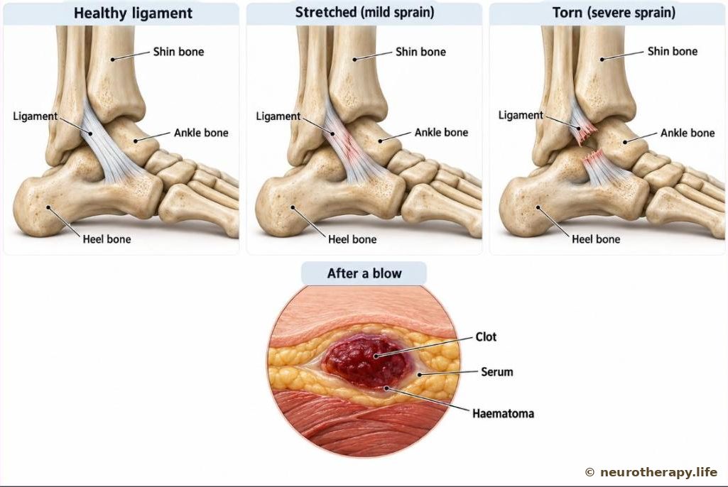 The bones and ligaments of the ankle seen from the outer side, comparing a healthy ligament, a stretched ligament and a torn ligament, with an inset of a bruise pocket under the skin