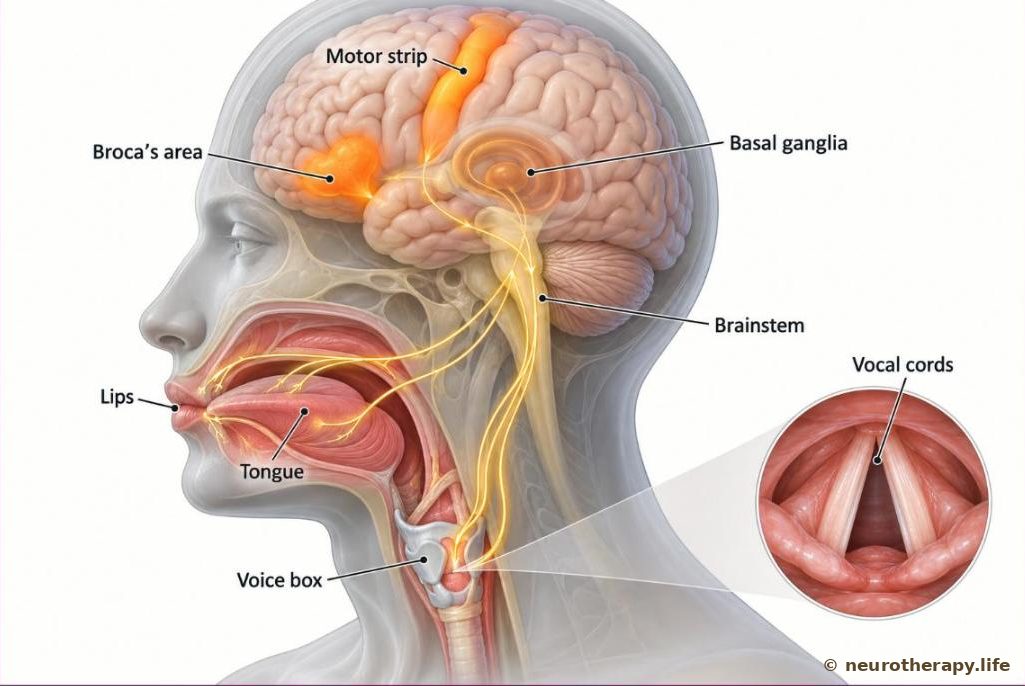 Side view of a neutral mannequin head with the brain shown through the skull; the speech areas on the left side of the brain are highlighted and connected to the voice box, tongue and lips, with a magnified inset of the vocal cords